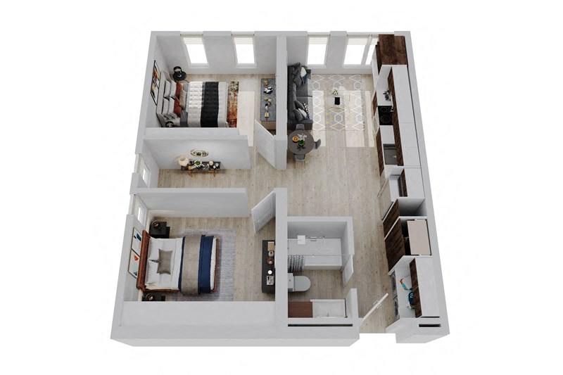 Floor plan for 2 beds, 1 bath, 701 sqft
